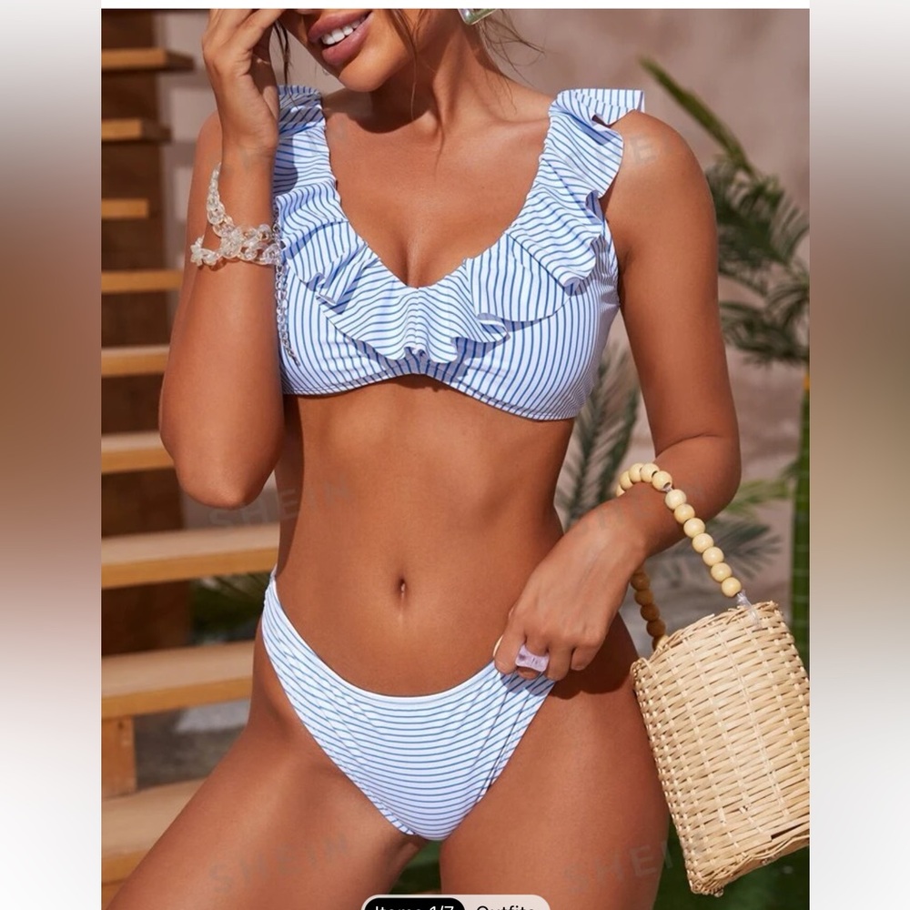 *New* Striped ruffle trim tie back bikini